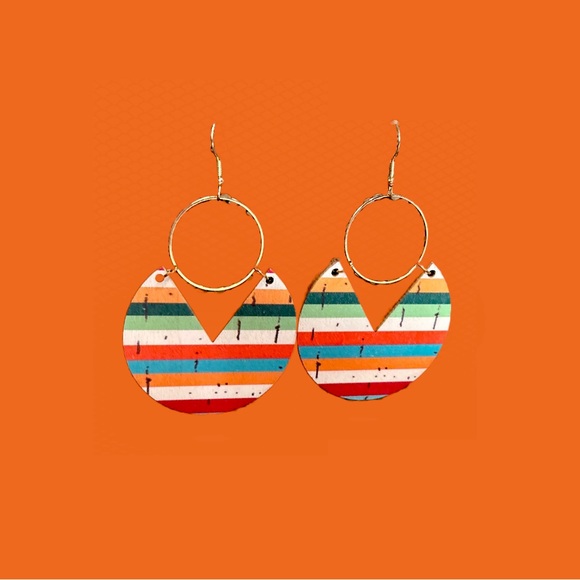 NEW Gorgeous Colorful Striped Wood Fashion Earrings with Gold Hoops, Lightweight - Picture 7 of 7